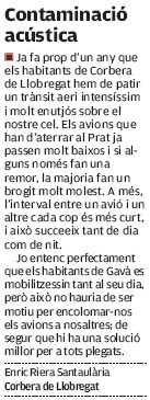 Carta de un vecino de Corbera de Llobregat publicada en el diario AVUI el 18 de septiembre de 2007